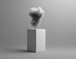 A large, gray cloud floats above a simple white cube