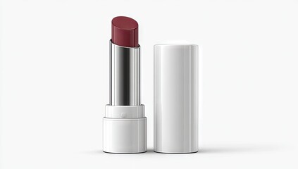 Close-up of a white lipstick tube, opened, showing a deep plum-colored product inside