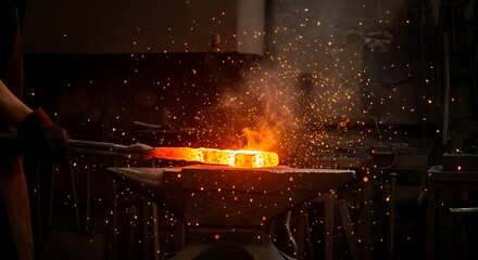 Blacksmith forging glowing metal on anvil, sparks flying, intense heat, dark workshop.