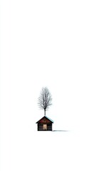 Simple cabin in snowy landscape.  Bare treetop atop a small, wooden cabin, set against a pure white backdrop