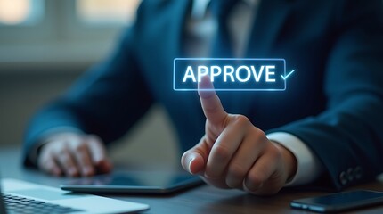 Business Decision: A close-up shot capturing the decisive moment of a business professional interacting with a digital Approve button, symbolizing approval and success. 