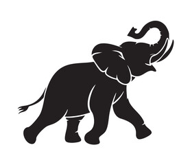Black silhouette of an elephant with trunk raised and curled animal white background