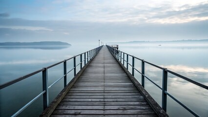 Obraz premium Long Wooden Pier Extending Over Calm Water Under a Cloudy Sky, Landscape Photography.