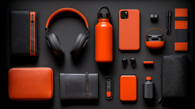 Modern tech accessories arranged in a flat lay style with vibrant orange accents technology knolling