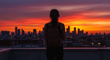 Fototapeta premium A contemplative traveler observes the vibrant cityscape painted by a fiery sunset