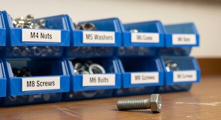 Obraz premium Workshop organization concept with labeled blue bins for storing various hardware fasteners like bolts, nuts, and screws on a wooden bench