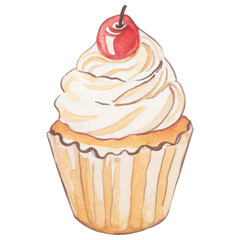 A delicious cupcake topped with fluffy frosting and a bright red cherry.