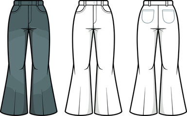 Pants design illustration, front and back view, colored and line drawing, pocket detail, seam lines, fashion sketch, garment template