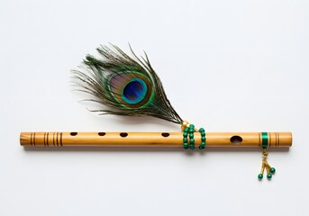 Krishna janmashtami photo of a wooden flute adorned with a peacock feather and green beads, representing lord krishna and his divine music, isolated on a white background