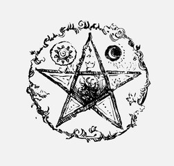 A detailed black and white ink drawing of a pentagram framed by intricate celestial and floral swirls, featuring sun and moon symbols, representing magic and the occult.