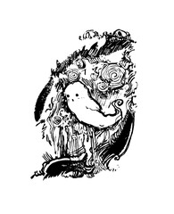 A surreal and spooky black and white ink drawing depicting a ghostly, ethereal creature with a distinct shape emerging from an abstract, swirling, and textured background.