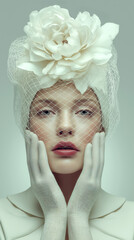 Elegant portrait of a young woman with a dramatic white floral headpiece and white mesh veil over her face, hands covered in white gloves, gazing directly at the camera with a calm, neutral expression