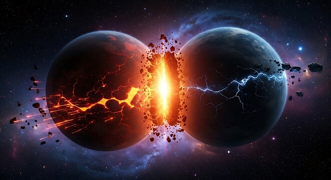 Two planets colliding in space, with fiery debris and lightning.