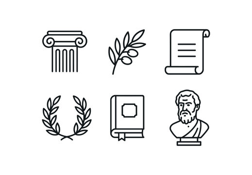simple outline stroke icon items philosopher (classic): greek column olive branch parchment laurel crown old book statue bust monoline icons style isolated on white background