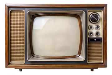 Vintage television with static on screen, a retro electronic device with wooden cabinet and analog controls, reminiscent of classic entertainment isolated on transparent background