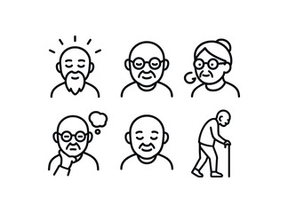 simple outline stroke icon items senior citizen (emotions): wisdom aura peaceful gaze gentle tone reflection thought content smile solitude walk monoline icons style isolated on white