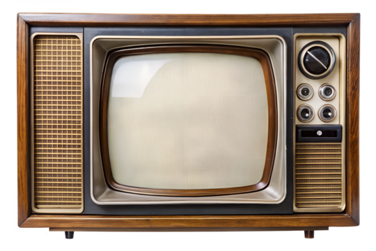 Vintage television with static on screen, a retro electronic device with wooden cabinet and analog controls, reminiscent of classic entertainment isolated on transparent background