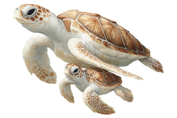 Watercolor Clipart, White background, ultra-detailed, hyper-realistic. A mother sea turtle and her baby in flight, in a beige color palette isolated on a transparent background in PNG format.