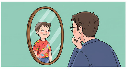 Man gazes thoughtfully at his younger self reflected in a mirror, contemplating childhood memories and personal growth.
