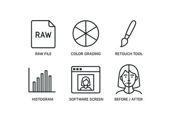 simple outline stroke icon items portrait photographer (editing): raw file color grading retouch tool histogram software screen before after monoline icons style isolated on white background
