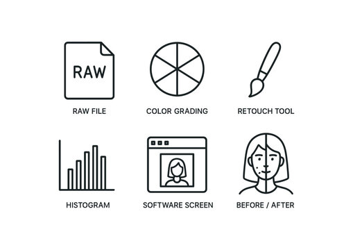 simple outline stroke icon items portrait photographer (editing): raw file color grading retouch tool histogram software screen before after monoline icons style isolated on white background