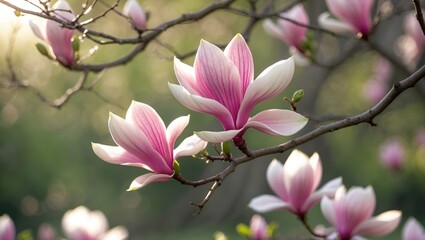 Fototapeta premium Magnolia flowers blooming on tree branch in spring.