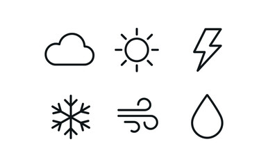 Fototapeta premium simple outline stroke icon items meteorologist (forecast icons): cloud sun lightning bolt snowflake wind swirl raindrop monoline icons style isolated on white background