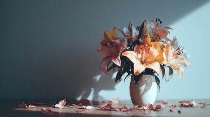 A bouquet of lilies in a vase, bathed in soft sunlight.