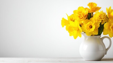 Yellow daffodils in a white pitcher.