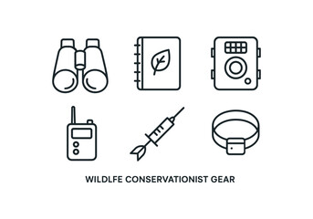 simple outline stroke icon items wildlife conservationist (gear): binoculars notebook camera trap radio tranquilizer dart tracking collar monoline icons style isolated on white background