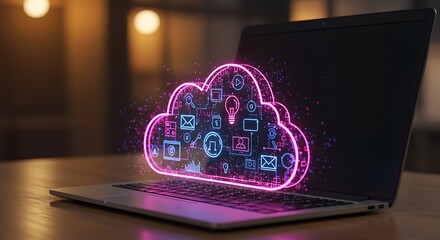 Photo of cloud computing concept with glowing icons on laptop screen in a workspace