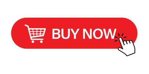 Buy Now Button Icon – Red Vector CTA with Shopping Cart and Click Cursor for Online Store and E-commerce Websites