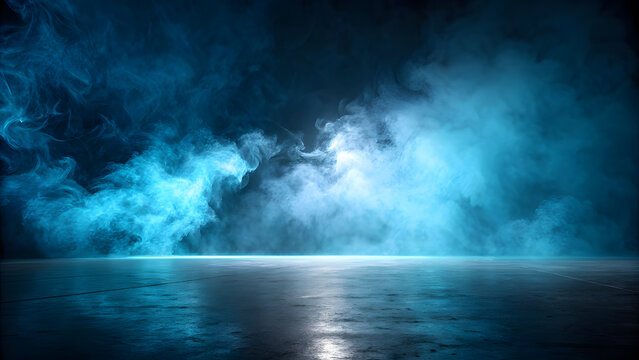 Blue Smoke Swirls Over Dark Reflective Floor mist atmospheric