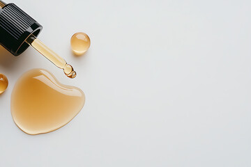 Obraz premium Close-up of serum dropper with golden liquid droplets and a larger heart-shaped puddle, embodying skincare and luxury on a white surface.