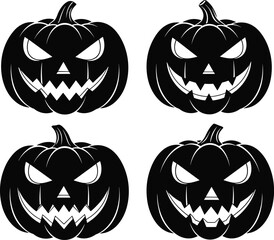 Halloween jack-o'-lantern silhouette bundle with varied sinister and mischievous expressions, sharp teeth and triangle eyes in black vector set