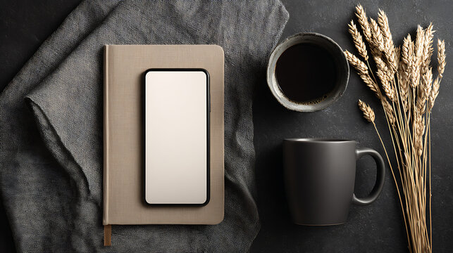Neutral toned notebook with smartphone beside dark mug and wheat stalks flat lay coffee mug