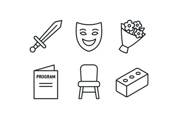 simple outline stroke icon items community theater (props): fake sword mask bouquet program booklet chair foam brick monoline icons style isolated on white background