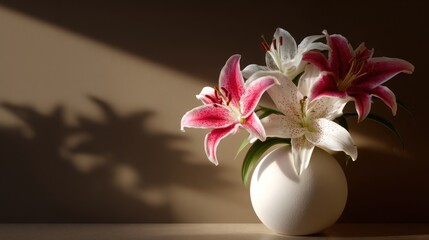 A bouquet of pink and white lilies in a round vase.
