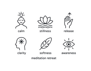 simple outline stroke icon items meditation retreat (feelings): calm stillness release clarity softness awareness monoline icons style isolated on white background