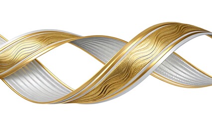 Abstract Golden and Silver Wavy Ribbons with Textured Surfaces on a Clean White Background, Modern Design.