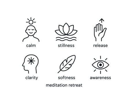 simple outline stroke icon items meditation retreat (feelings): calm stillness release clarity softness awareness monoline icons style isolated on white background
