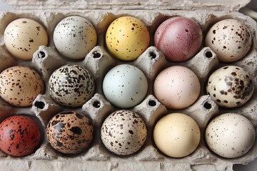 Obraz premium organic speckled and white eggs neatly arranged 