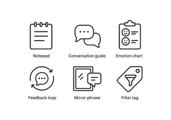 simple outline stroke icon items interpersonal communication filter (tools): note pad conversation guide emotion chart feedback loop mirror phrase filter tag monoline icons style isolated