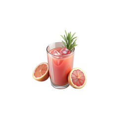 Refreshing pink grapefruit juice cocktail with ice and rosemary garnish surrounded by fresh grapefruit slices isolated on transparent background