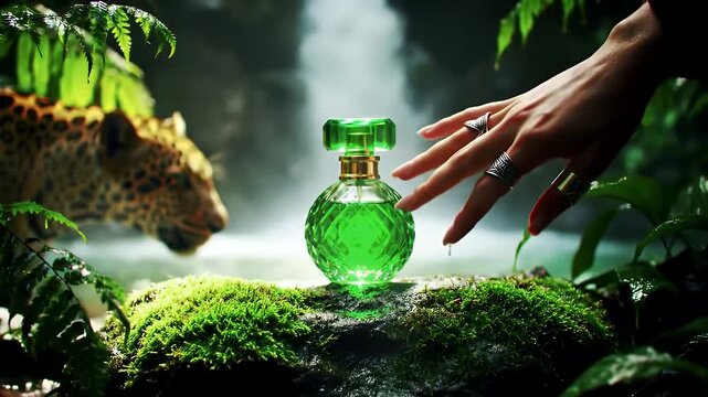 A deep red crystal perfume bottle towers above the viewer on a marble pedestal. The camera is set at a low, upward angle, emphasizing the bottle&rsquo;s imposing elegance. Behind it, golden light bursts thr