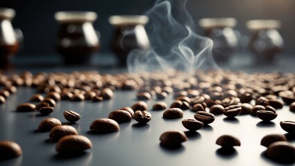 Coffee beans spread on a surface with steam rising, emphasizing the aroma and freshness of roasted coffee.