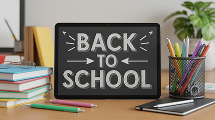 Back to School message displayed on tablet, setting the stage for education, knowledge, and learning in a modern classroom.