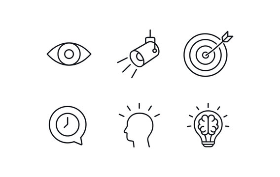 simple outline stroke icon items conscious attention (symbols): eye icon spotlight arrow on time bubble awareness glow brainlight monoline icons style isolated on white background