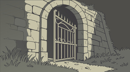 Rusty iron gate partially open within a stone archway