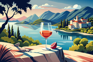 vector of Provençal rosé wine is served chilled in a glass on a large white rock in the sun with a view of a beautiful lake.